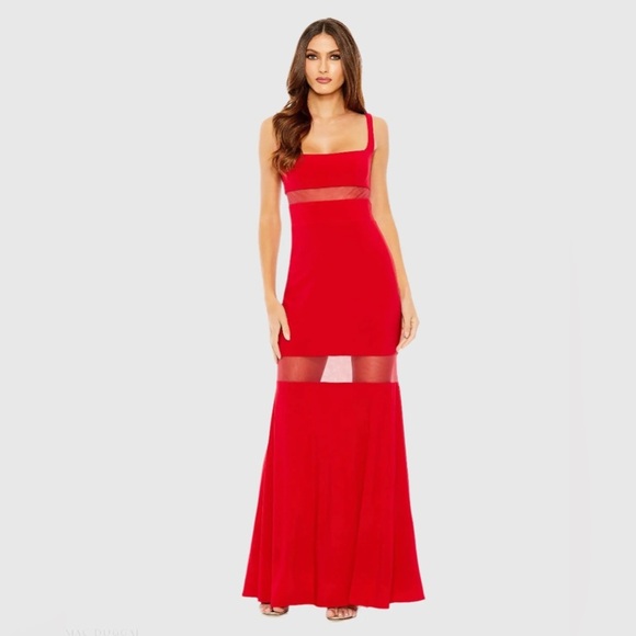 NWT Mac Duggal Scarlet Sheer Mesh Panel Detail Column Gown Size 2 4